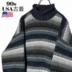 90sヴィンテージUSA古着 ハイネックニット ボーダー柄 L アクリルセーター