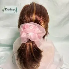 ヘアゴム 髪飾り シュシュ フラワーモチーフ オーガンジー ピンク