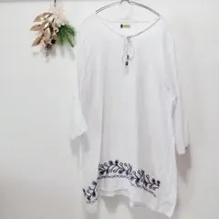 アジャンタ インド綿 チュニックブラウス M〜L ホワイト ボタニカル刺繍 絹糸のサムネイル
