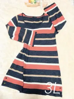 ボーダー　黒多め　オレンジ系　五分袖　チュニック 春物　3L 大きめ