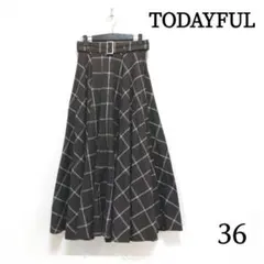 トゥデイフル スカート　ロング ボリューム 茶チェック マキシ36