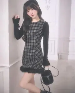 ミシェルマカロン ツイードチェックドッキングワンピース ブラック