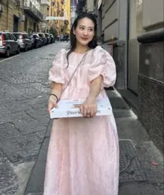 ANDRESD ワンピース ピンク バブルスリーブ ロング ジャガード ドレス