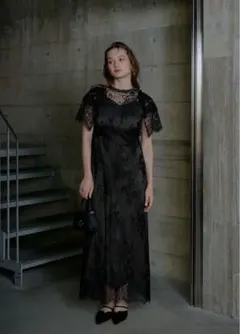 Lace layered scallop dress 黒　未使用