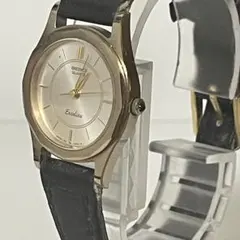 【稼働品】セイコー エクセリーヌ 腕時計 クォーツ ゴールド文字盤 黒革ベルト