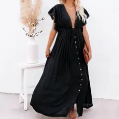 レディースロングフレアワンピース 黒 半袖 前開き ガウン 羽織り シースルー