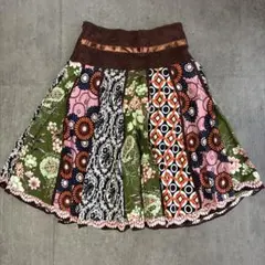 Monte Milano パッチワーク フレアスカート 綿 ブラウン レトロ