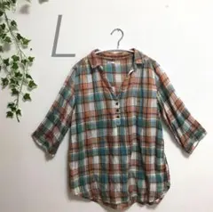 チュニック　レディース　シャツ　オレンジ　グリーン　チェック　秋冬　ブラウス