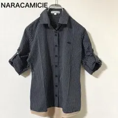NARACAMICIE ボディースーツ型 長袖シャツネイビーストライプ八分袖