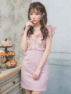 Tika キャバドレス フリル袖ドレス ジップ レーススリット タイトミニドレス