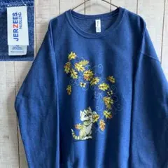 古着　JERZEES アニマルスウェット 子猫 紅葉 アメカジ　M
