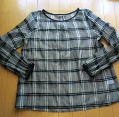 美品★ダーマコレクション 絹 チェック シアー ブラウス13号 グレー系　日本製のサムネイル