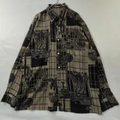 長袖シャツ　総柄　アート柄　80s　90s　ヴィンテージ　黒　茶系　F