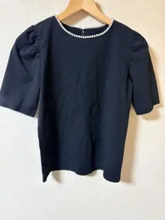 美品 クチュールブローチ パールネック パフスリーブ ブラウス ネイビー