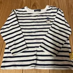 moujonjon 白ネイビーボーダー柄 おさるのジョージ刺繍 長袖カットソー