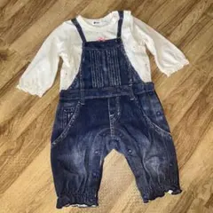 べべ ebaby デニムオーバーオール重ね着絵柄 長袖ロンパース 80