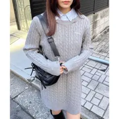 グレー ケーブルニット セーターワンピース
