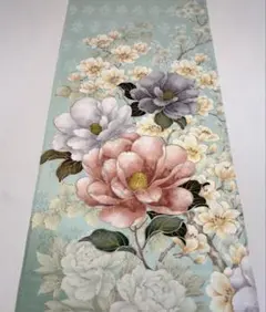 京友禅　はぎれ〈5791〉椿　桜　牡丹　ミントグリーン地模様　着物　振袖