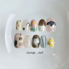 62ネイルチップ/個性派/ガーリー/ニュアンス/犬/落書き/韓国/フラワー