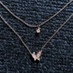 ネックレス 2連ネックレス バタフライ 蝶 シルバー ラインストーン レイヤード