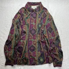 昭和レトロ　柄ブラウス　紫系　金ボタン　くるみボタン