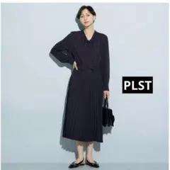 プラステ ジョーゼットプリーツドッキングワンピース ボウタイ ネイビー M