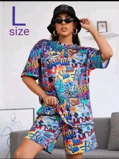 新品♥未使用 Ｌ ツーピース プリント ポップアート ブルー 水色 セットアップ