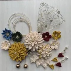 つまみ細工髪飾り　辛子色　ベージュ　成人式　卒業式　結婚式　前撮り　入学式