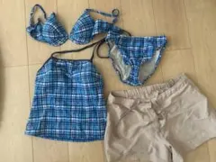 水着4点セット MＬビキニ レディース水着 タンキニブルー系チェック上下ユニクロ