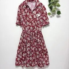 ノーブランド 花柄 半袖 ロングワンピース レトロ 襟付 臙脂 薄手 春夏
