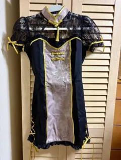 チャイナドレス コスプレ衣装 ブラック ゴールド レース