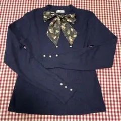 axesfemmアクシーズ リボン付きネイビー長袖リブニットトップスプルオーバー