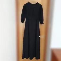 新品タグ付 ネイビー フリル ロングドレス レーススリーブ エレガント