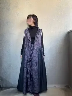 着物リメイク/大島紬/ロングジレ/ワンピース/春羽織り/フリル付き