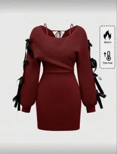 リボン付き ワインレッド ニットワンピース