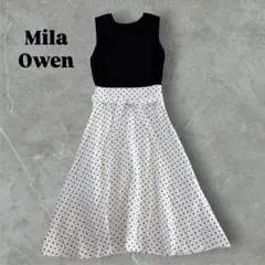 5【美品】Mila Owen ニットドッキングリネンフレアワンピース ドット
