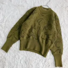 【KOBE MODE】オリーブ色　柄ニットセーター　総柄　日本製　ウール　M