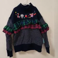グラグラ 130 トレーナー 刺繍 チェック 水玉 紺色