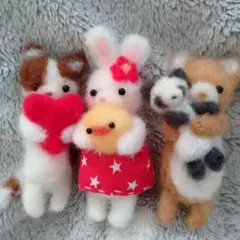 羊毛フェルト・ちびっこ仲良しくま&ウサギ&茶ぶち猫ちゃんセット