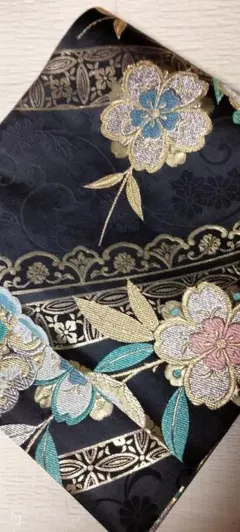 逸品、正絹、振袖用、桜花刺繍に唐草模様　袋帯 ロング、リバーシブル