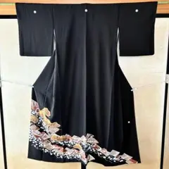新品 高級 小紋 正絹 袷 ブラック アンティーク柄 伊達襟付き 扇柄