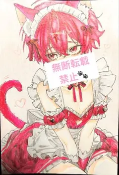 手描きイラスト オリジナル 女の子 メイド ツインテール ピンク系 原画