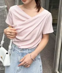 RANAN 2WAYドレープオフショルリブTシャツ 接触冷感 ライトピンク