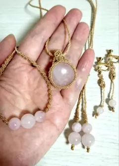 ローズクォーツ マクラメ編み 3点セット♡ネックレス・ブレスレット・イヤリング