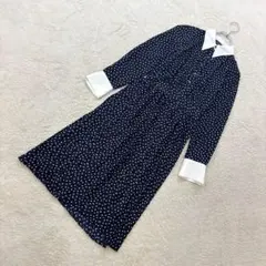 ✨ザラベーシック【24】紺×白 ドット 長袖ロングワンピース 薄手 春夏