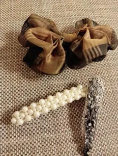 バレッタ３点セット　パール　レトロシルバー　チェックリボン