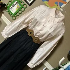 レトロ古着 リボンモチーフ刺繍⋈丸襟 長袖ブラウス ヴィンテージ 古着 薄ピンク