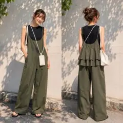 大人可愛い サロペット カーキ ワイドパンツ ゆる フリル 着痩せ 体型カバーのサムネイル