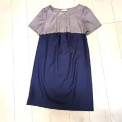 ひざ丈ワンピース 半袖 ベージュ× 紫　コサージュとバッグ付きのサムネイル