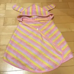 ♡ウサギ耳付きあったかフリースケープ　ポンチョ　ピンクイエローボーダー
